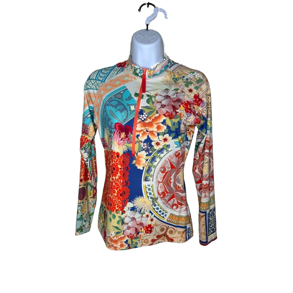 Johnny Was Gracie Wild Floral Surf Shirt 1/4 Zip Pullover Women's Size Medium